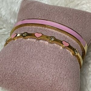 Set of 2 Stainless Steel Gold and Pink Heart Bangle Set